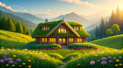 Fototapeta premium Green roof cottage nestled in alpine valley with wildflowers