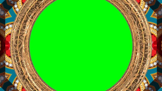 A vibrant green screen surrounded by an ornate gold frame with intricate designs