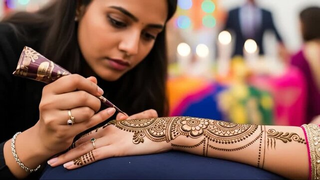 Intricate henna art creation captured in detailed sequence for cultural celebrations