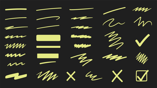 Collection of various yellow highlighter strokes including lines checkmarks and crosses for emphasis on a dark background.