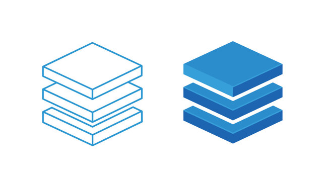 Comparison of outlined and solid blue stacked layer icons representing data structures or design organization levels.