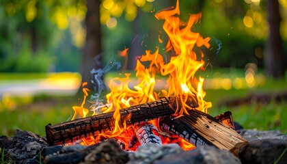 Close-up of a campfire with bright orange flames consuming logs. The background shows trees with a bokeh effect, capturing a warm ambiance