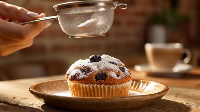 Slow motion of powdered sugar being dusted over a fresh blueberry muffin, particles floating in a beam of sunlight, cozy rustic cafe background.