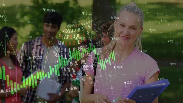 Animation of data processing with globe and binary coding over diverse students