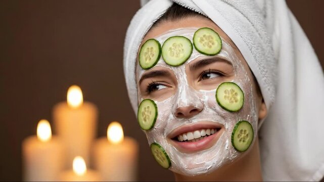 Relaxed woman enjoying spa with cucumber face mask and candles for rejuvenating skin care