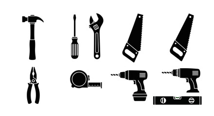 Obraz premium Minimalist black icons of construction and repair tools. Professional flat solid vector set for handyman branding, hardware store apps, and DIY concepts. Clean and versatile monochrome style