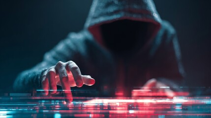 A mysterious figure in a hoodie with a dark silhouette, manipulating digital data, evoking themes of cybersecurity and hacking.