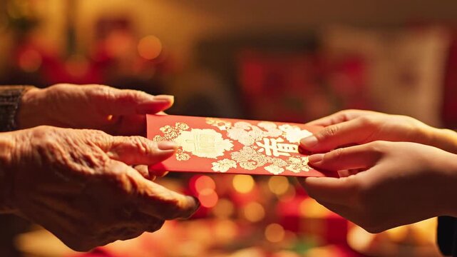Hands exchanging red envelope with gold lettering cultural gift giving festive occasion