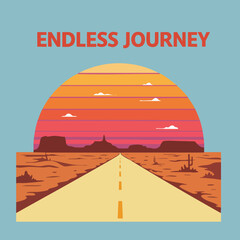 Retro Style Desert Road Trip Landscape with Sunset Illustration © Grafina