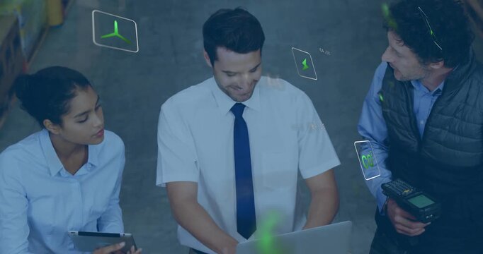 logistics team typing laptop tapping tablet, scanning boxes activating AR icons for inventory or pow
