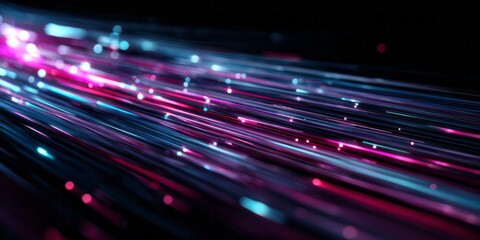 Glowing digital strands illuminate a dark background with bokeh.