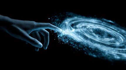 A mysterious human hand reaching toward a glowing, spiraling galaxy in a dark setting.