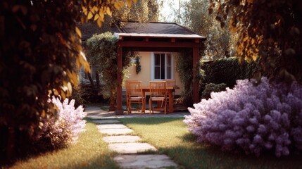 Fototapeta premium Charming Garden Gazebo Surrounded by Lush Greenery, Lavender Flowers, and Inviting Picnic Table for Tranquil Outdoor Retreats in Nature