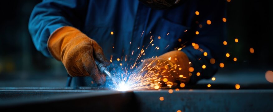 A man is crafting metal magic with sparks dancing like fireflies in the night