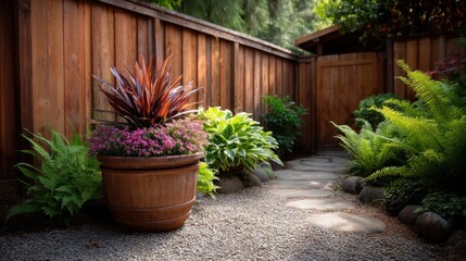 Fototapeta premium Lush Garden Pathway with Potted Plants and Wooden Fence, Inviting Outdoor Space Design for Relaxation and Serenity in Nature