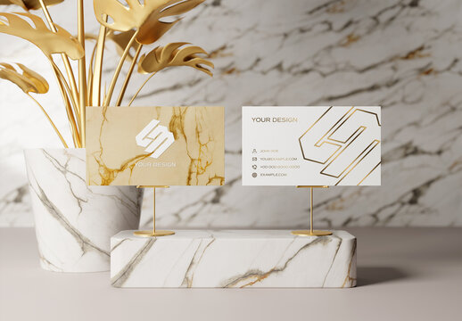 2 Business Cards On Gold And White Marble Display Mockup