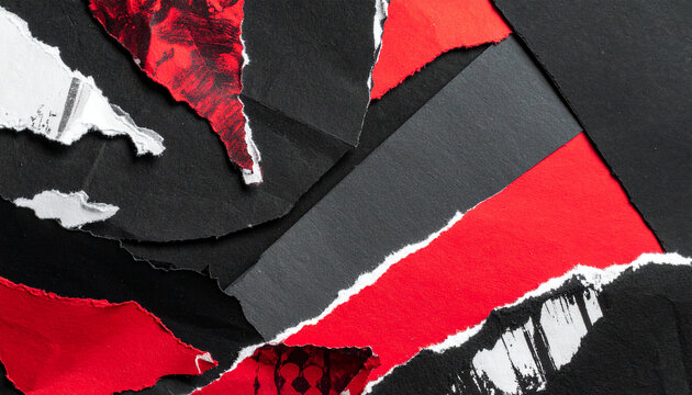 Handmade collage with black and red tones, torn paper textures, grunge abstract shapes