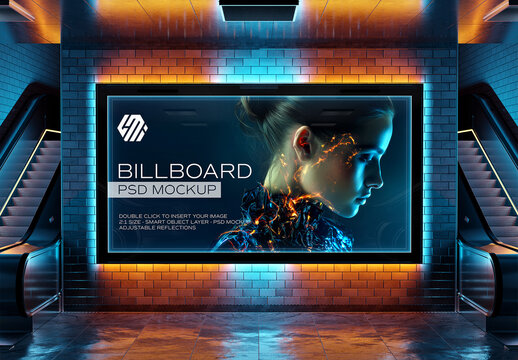 Panoramic Billboard Mockup in Futuristic Undergroud Interior