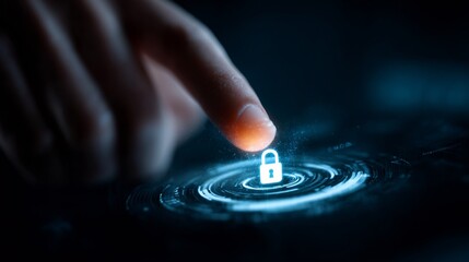A close-up of a finger gently touching a glowing digital lock icon, symbolizing cybersecurity and data protection.