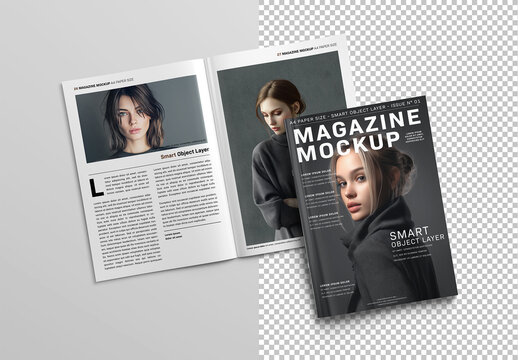 Isolated Magazines Mockup On White. Cover And Open