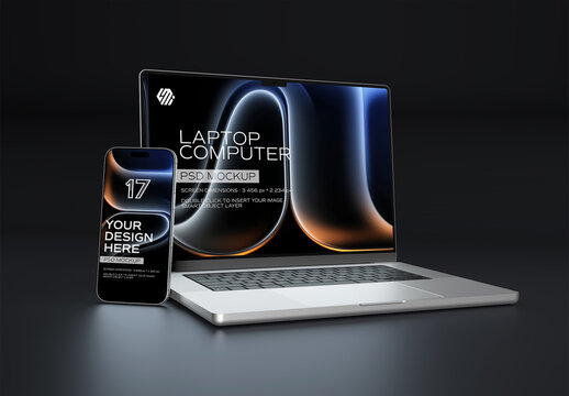 Modern Smartphone and Laptop Mockup on Black Background