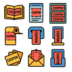 Colorful coupon icons set for discounts, offers, and shopping promotions