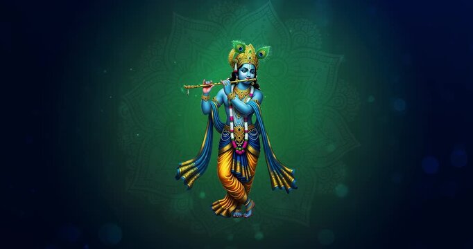 Lord krishna playing flute in a divine scene, suitable for religious, spiritual, and indian traditional themed designs, illustrations, and projects.