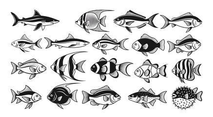 Obraz premium Various Black and White Fish Illustrations.