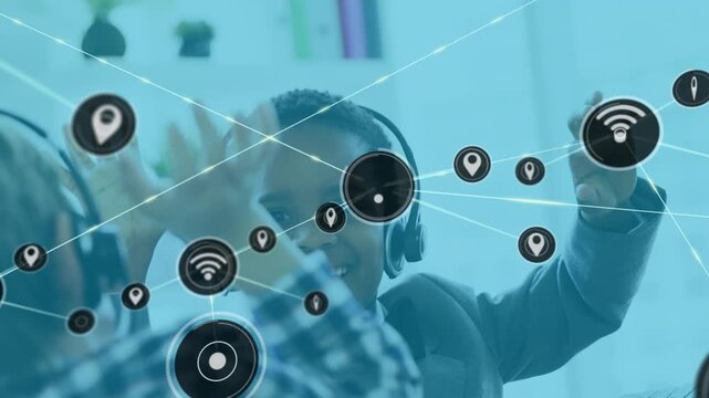 Animation of network of connections with icons over happy diverse boys in headphones