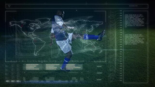 Animation of data processing over african american football player on football pitch