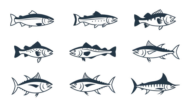 Collection of Hand-Drawn Black and White Fish Illustrations Featuring Various Marine Species.