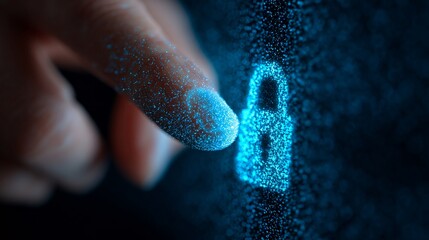 A close-up of a finger touching a glowing digital padlock symbol, symbolizing cybersecurity and data protection.