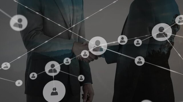 Animation of network of connections with icons over people shaking hands