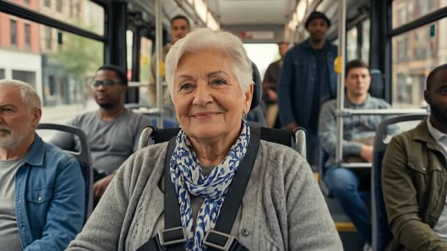 City bus ride: diverse group of passengers enjoying urban commute in daylight