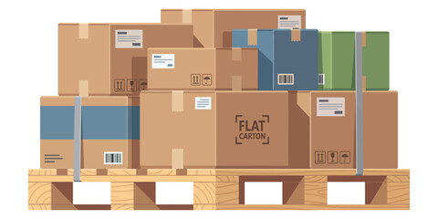 Stacked cardboard boxes on a wooden pallet, viewed from the front in a warehouse setting