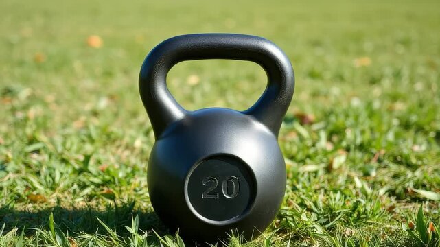 A black 20 kg kettlebell for strength training sits on green grass. Close-up of fitness equipment for an outdoor workout. Healthy lifestyle and exercise concept