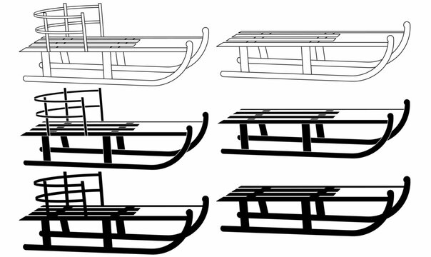 traditional wooden sled, sledge, or sleigh icon set.for winter transport, vintage design, icon, manuals, and educational graphics.vector illustration in thin, line, outline and silhouette