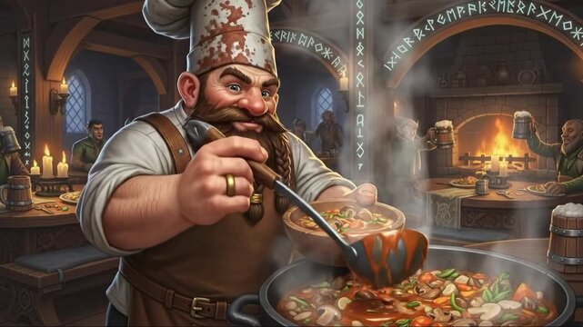 Delightful chef in rustic kitchen stirring hearty stew by a warm fireside