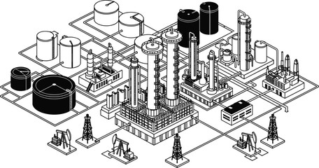 Isometric oil refinery industrial complex illustration, petroleum processing plant with storage tanks, pipelines, towers, pumps, energy infrastructure vector design