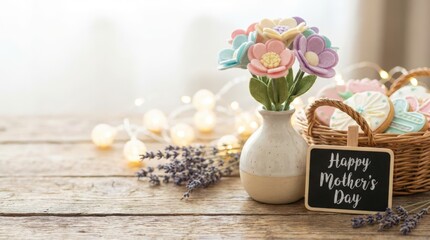 Celebrating mother's day with beautiful flower cookies cozy home setting decorative arrangement warm lighting elegant view heartfelt moment
