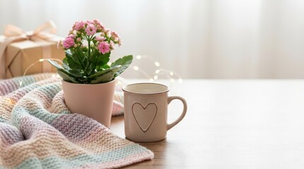 Cozy indoor scene with potted flower heart mug knitted blanket natural light contemporary lifestyle setting tranquil atmosphere for relaxation and inspiration