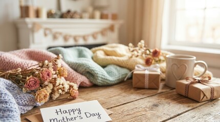 Celebrating mother's day with cozy knits a warm living room setting gift presentation natural light heartfelt sentiments
