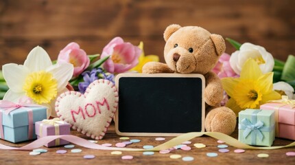 Celebrating mother's day with flowers gifts and a teddy bear in a cozy home environment capturing love and warmth for a memorable celebration