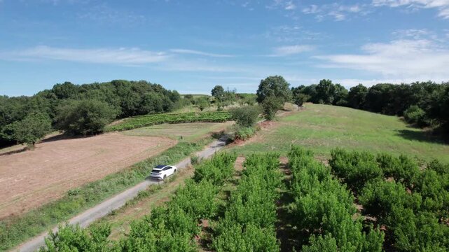 vue drone sur voiture blanche sur la route