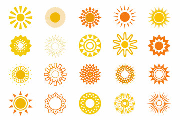 Variety of stylized sun icons and designs in yellow and orange hues