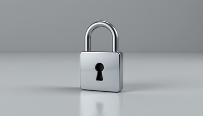 Fototapeta premium Silver padlock with shiny surface standing upright on a smooth gray background for security concept