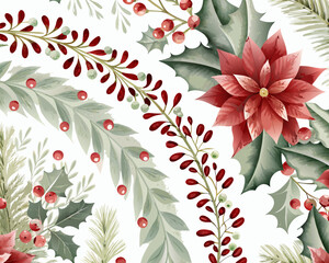 Watercolor christmas floral arrangement with poinsettia holly and berries on white © bashanti