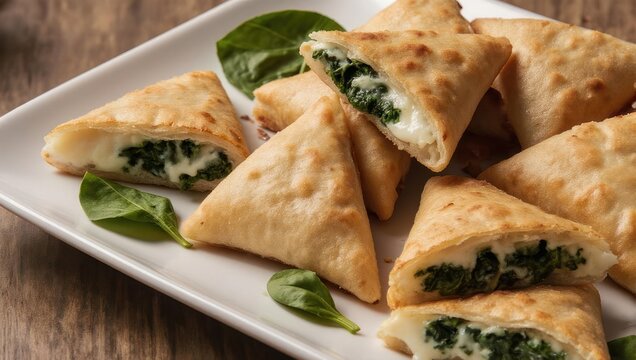 Delicious homemade spinach and feta pastries on a white plate.