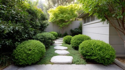 Tranquil Garden Pathway Surrounded by Lush Greenery and Symmetrical Shrubs Leading to a Serene Outdoor Space