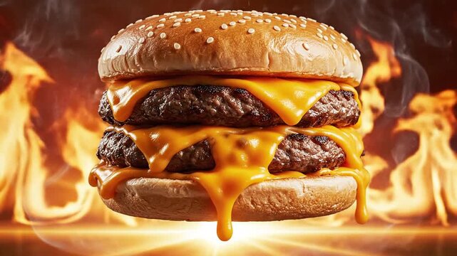 A juicy double cheeseburger with melted cheese on a sesame seed bun, surrounded by flames on a fiery background, viewed from the front
